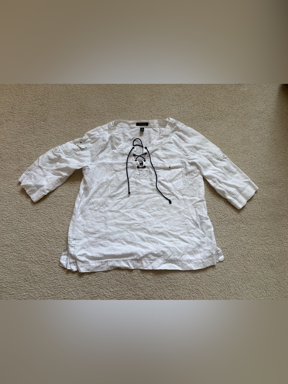 Lauren Ralph Lauren white 100% linen lace up tunic 3/4 sleeve top sz XL coastal